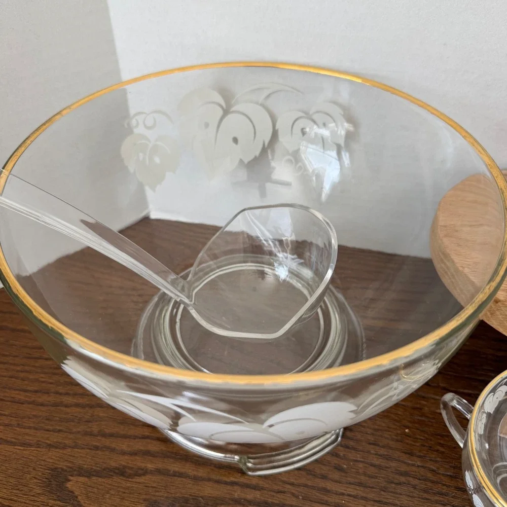Vintage Anchor Hocking White Grape Leaf‎ Punch Bowl Set Ladle 12 Cups Gold Trim